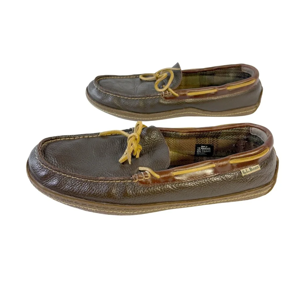 L.L.Bean Handsewn Leather Moccasins Slippers Flannel Lined Mens 12 Brown Leather
